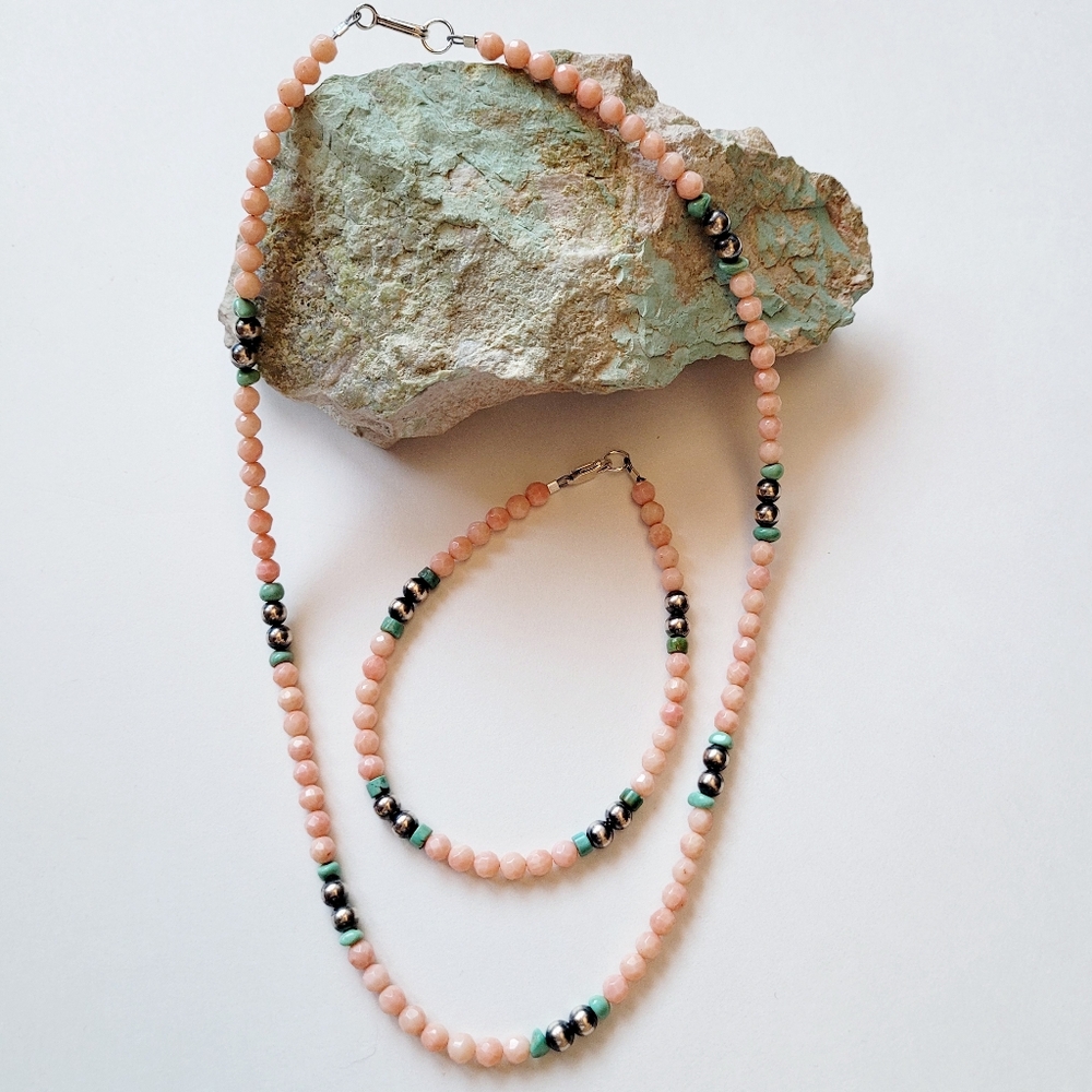 Necklace and Bracelet Set Sterling Silver Turquoise Pink Conch